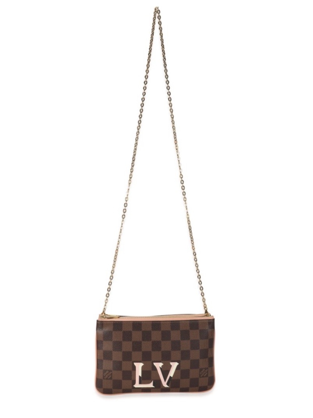 Louis Vuitton Brown Damier Ebene Canvas Pouch with Pink Trim and LV Initials - Picture 4 of 12